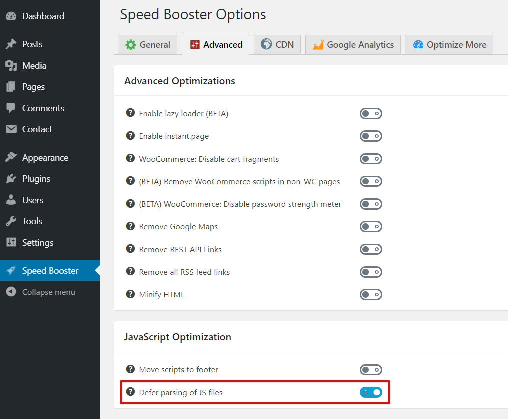 defer parsing of wordpress javascript using speed booster pack plugin