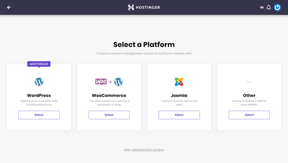 Hostinger Onboarding Choose CMS Screen