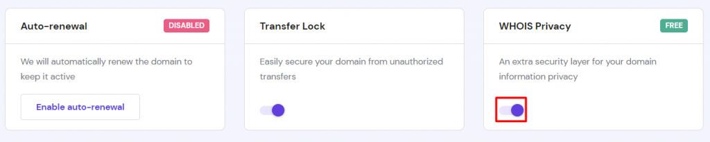 The "WHOIS Privacy" section on hPanel with the toggled on button highlighted
