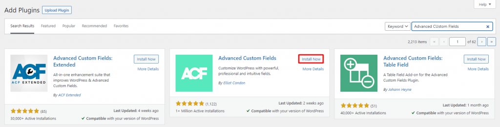 Add plugins section, highlighting the Install Now button next to the ACF plugin