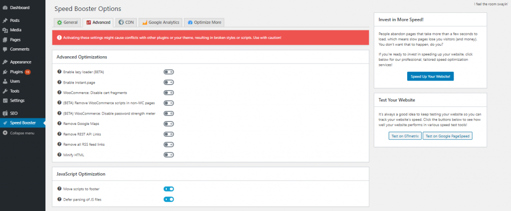 Javascript optimization on speed booster options