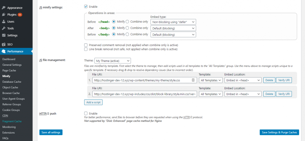 JS minify setting w3 total cache