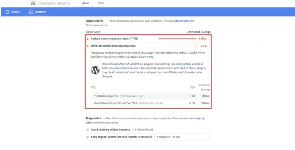 Google PageSpeed Insights desktop diagnostics report