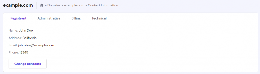 The domain owner's contact information on hPanel