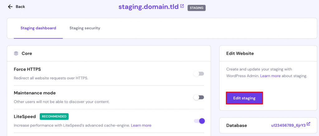 The Manage staging button on the Staging section.