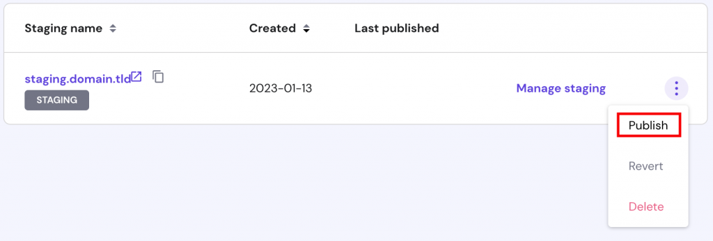 The Publish button o the staging site list.