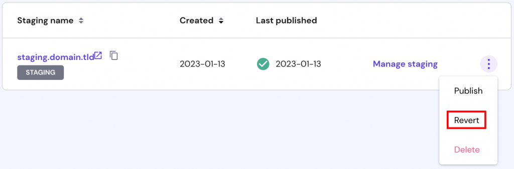 The Revert button on the staging site list.
