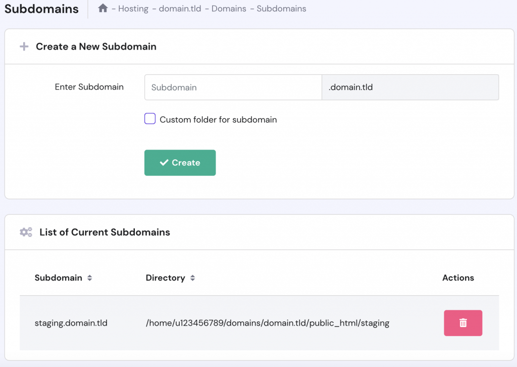 The Subdomains section on hPanel with List of Current Subdomains section visible