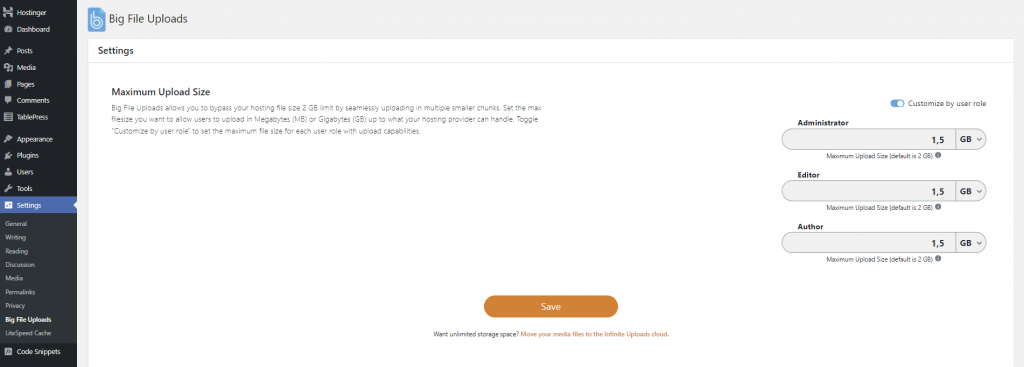 Setting the maximum upload size via Big File Uploads plugin.