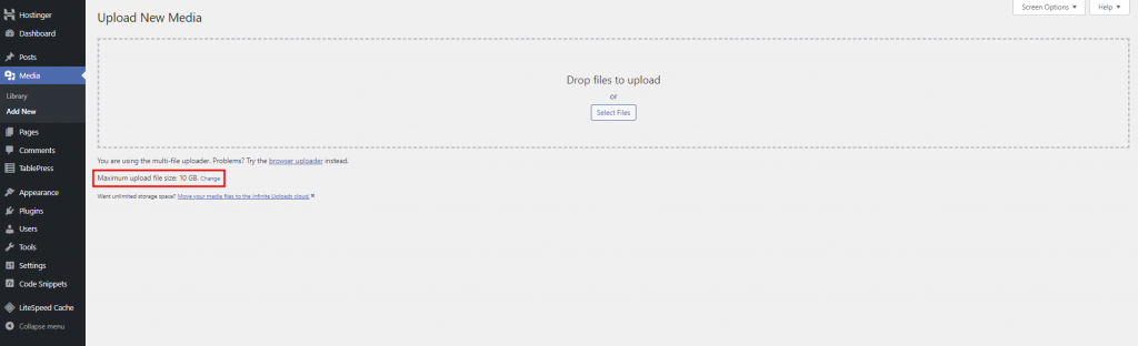 WordPress media library with the setting to change the maximum upload size highlighted.