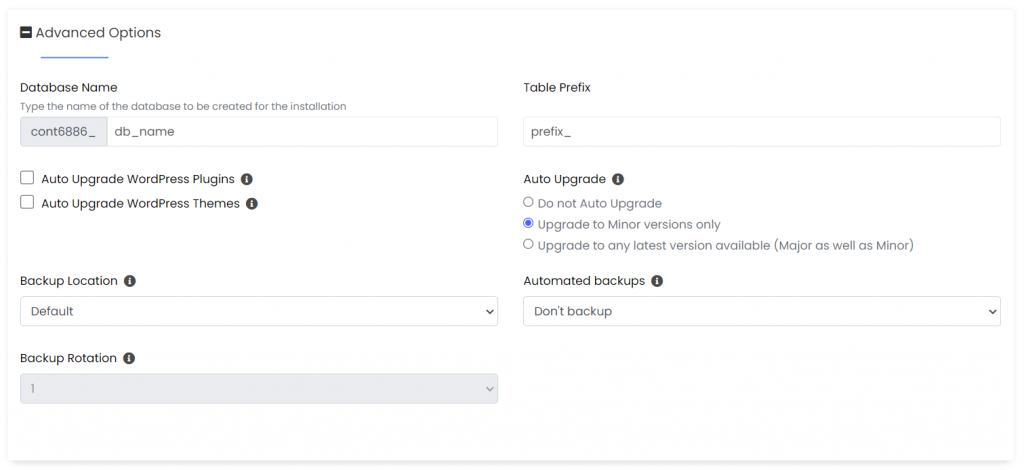 The Advanced Options section, containing WordPress database and backup settings