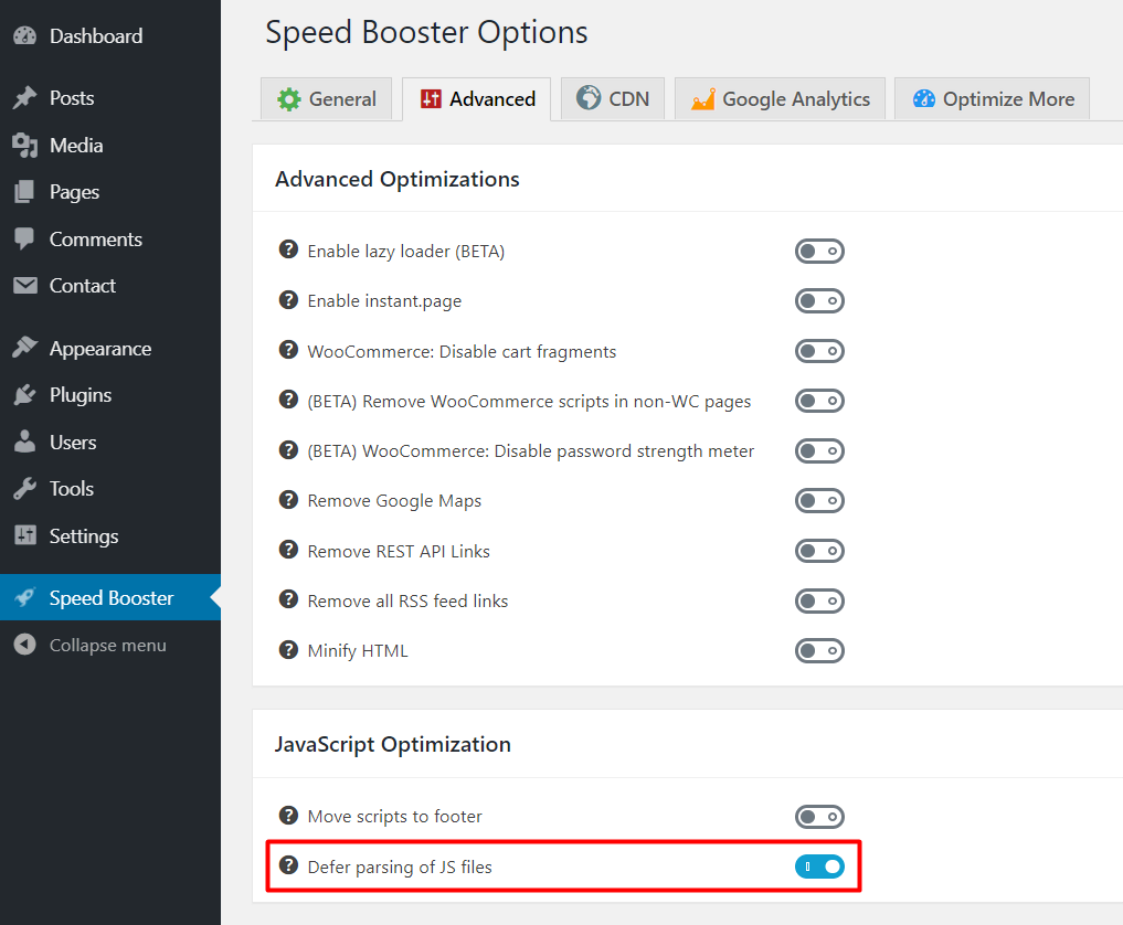 defer parsing of wordpress javascript using speed booster pack plugin