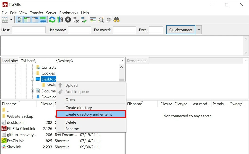 Create directory and enter it on FileZilla