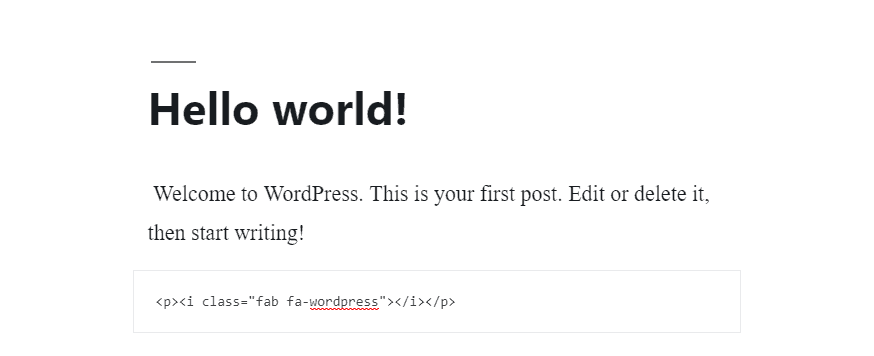 the HTML snippet of WordPress icon from Font Awesome on WordPress post editor