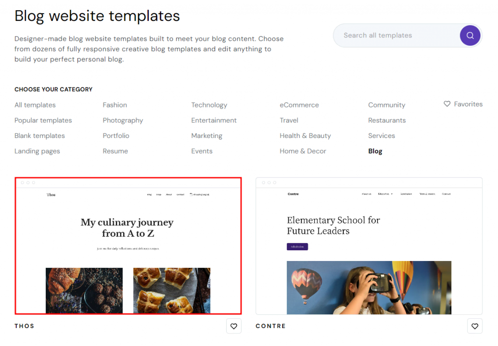 Hostinger Website Builder's blog website template categories with Blog and Thos highlighted