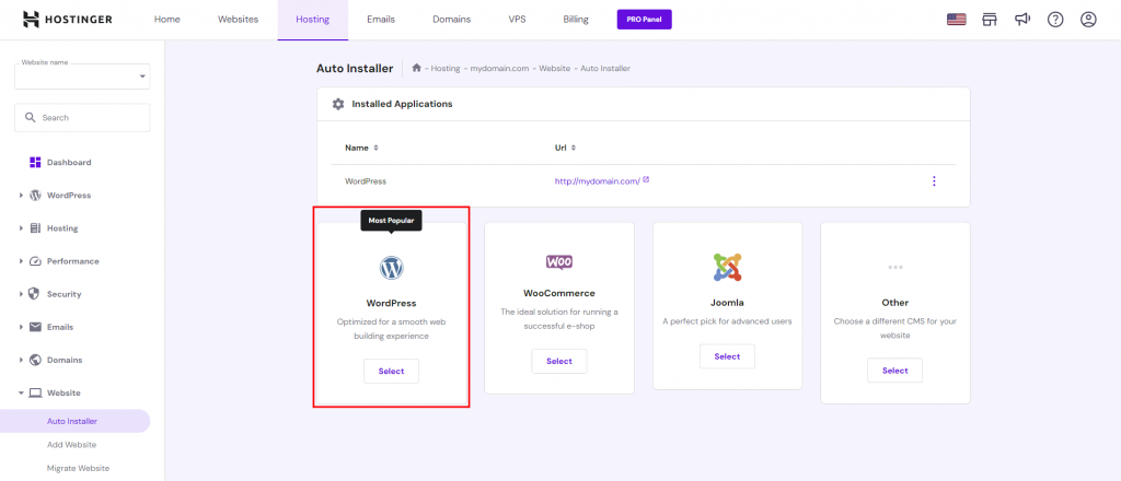 Website auto-installer on Hostinger hPanel with the WordPress column highlighted in red
