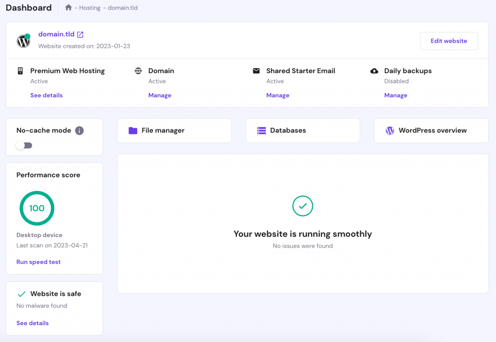 Hostinger's hPanel main dashboard user interface