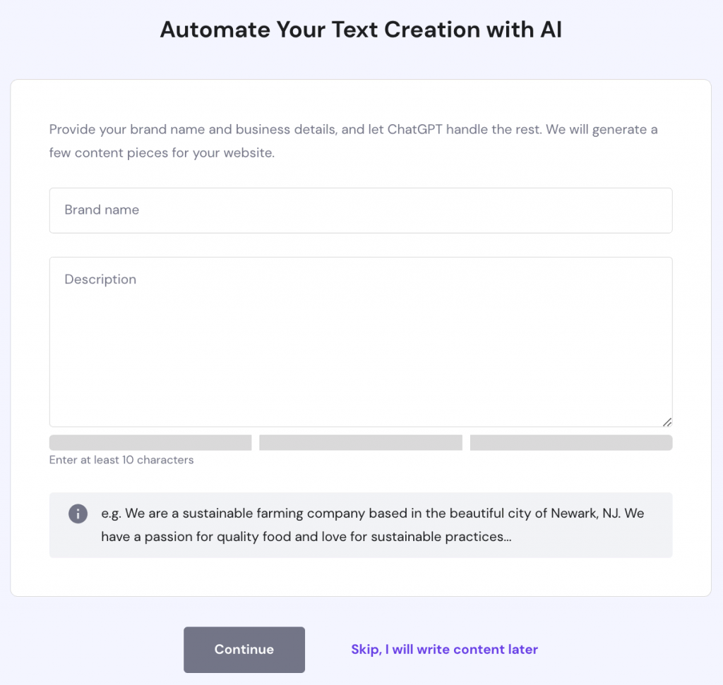 Hostinger's AI content generator form