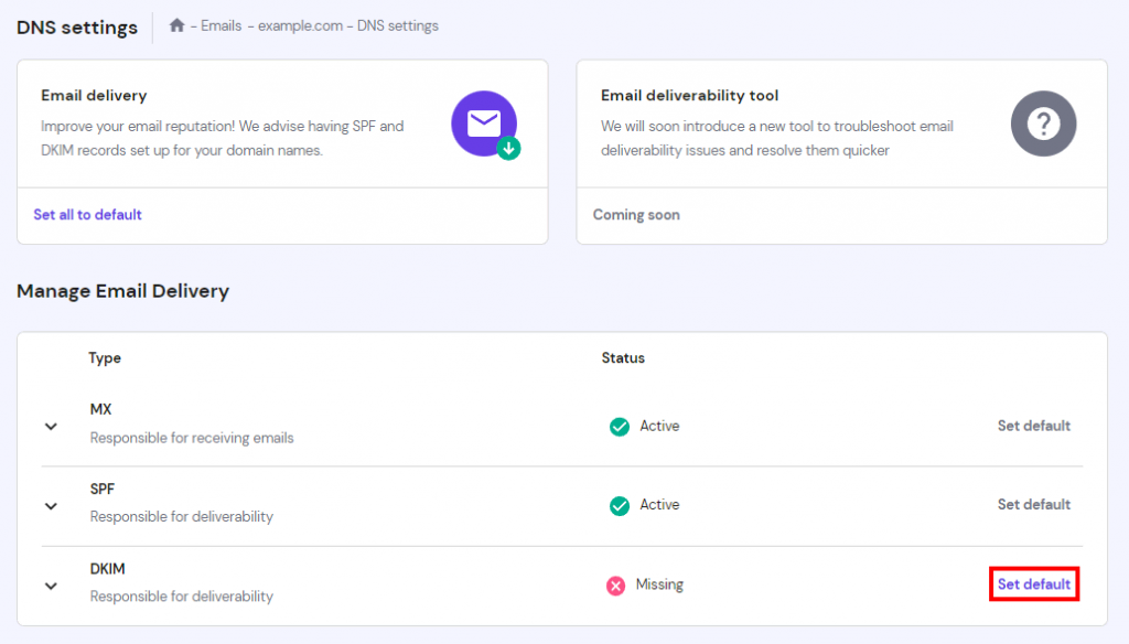 Set default for DKIM on hPanel.