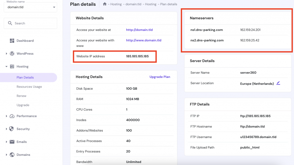 Nameservers and IP address in hPanel