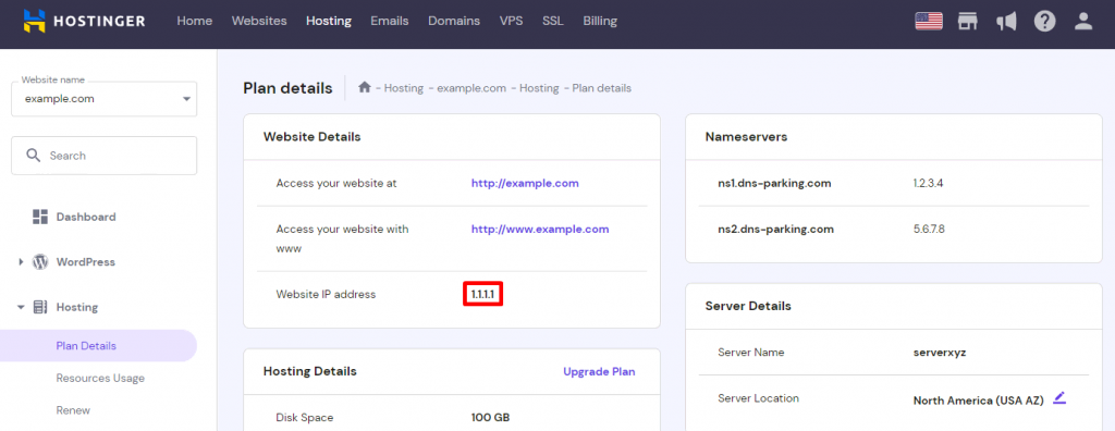 the Plan Details panel under the Hosting section with website IP address highlighted