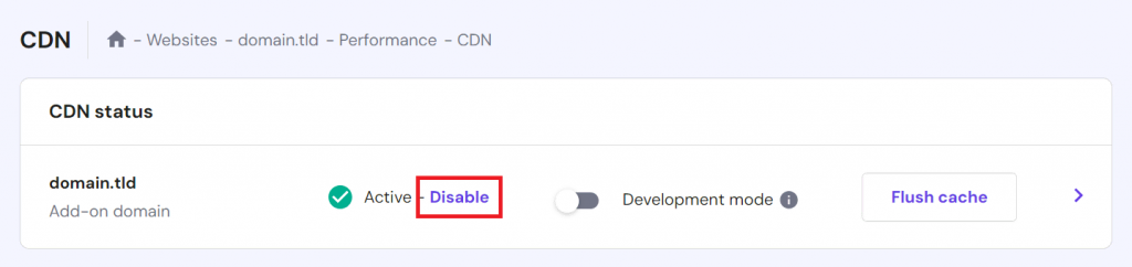 Disabling CDN on the CDN status section of hPanel