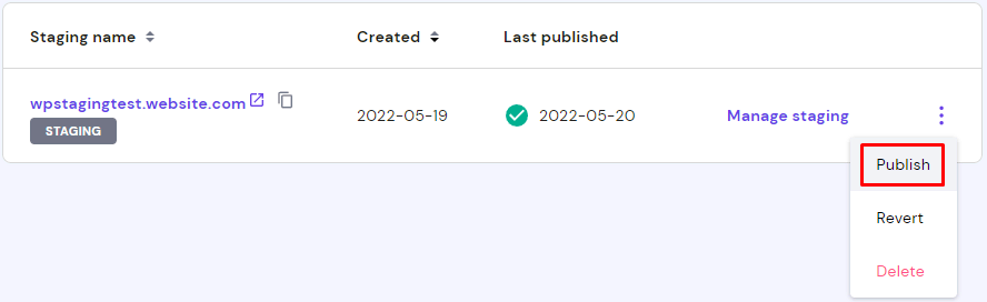 Staging section of hPanel, with the Publish option highlighted