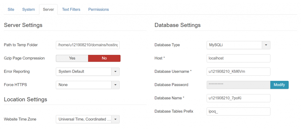 Joomla database details