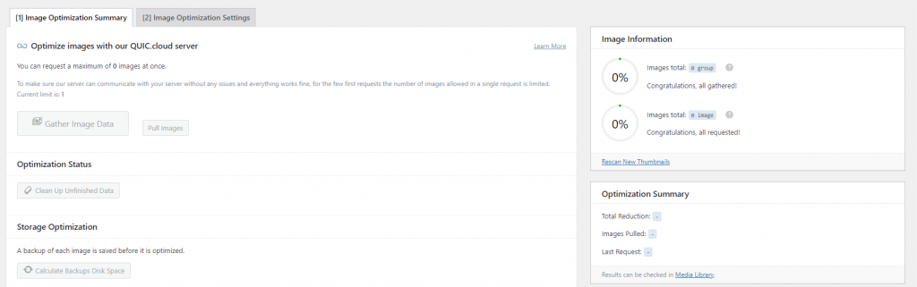 The Image Optimization Summary tab of the LSCache for WordPress plugin.