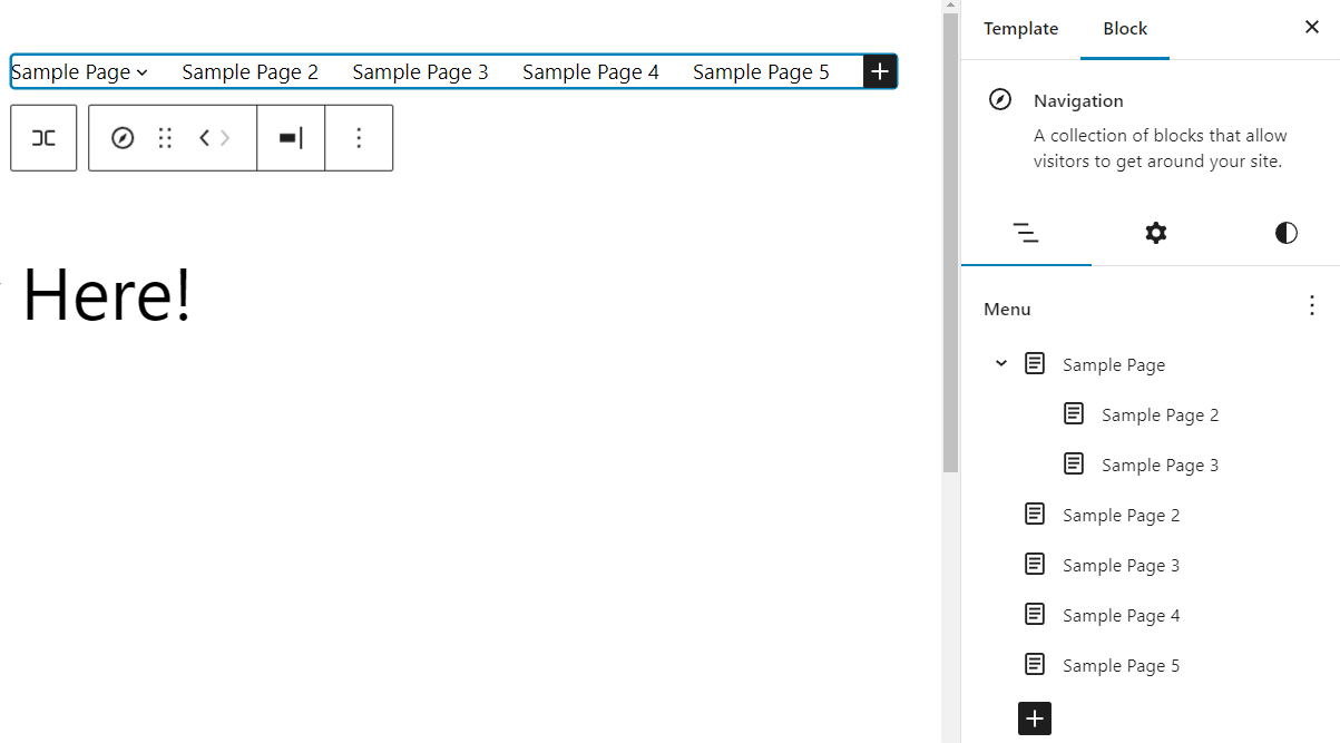 The navigation block settings panel, showing the new list view UI