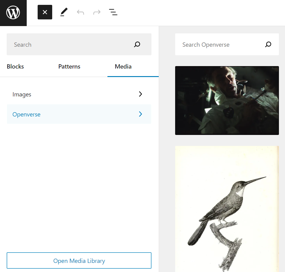 The Openverse panel on the block editor