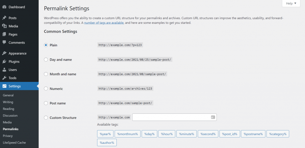 Permalink Settings on the WordPress dashboard