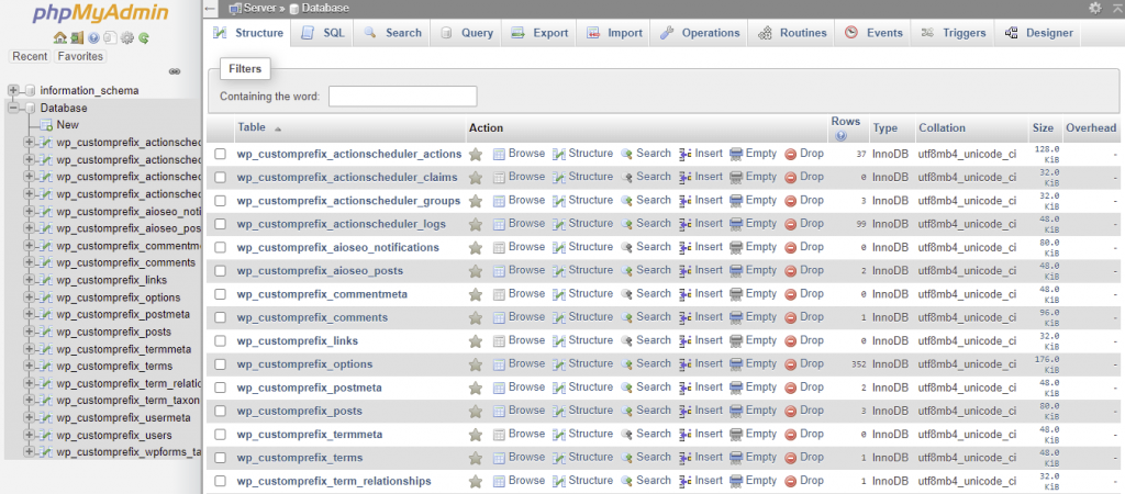 Accessing database after changing the table prefix via phpMyAdmin.