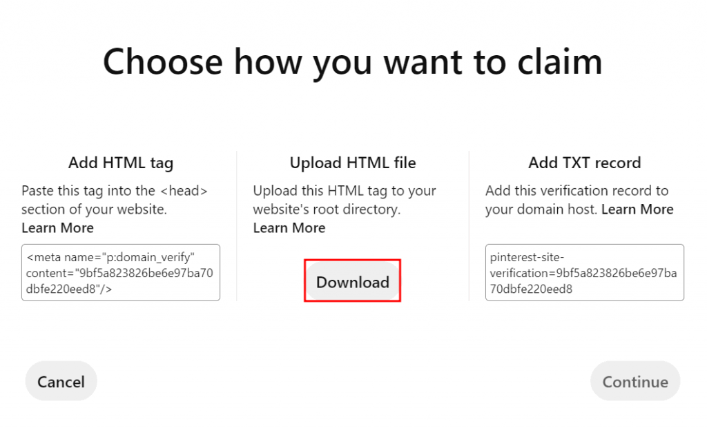 The Choose how you want to claim screen on Pinterest with the Upload HTML file button highlighted