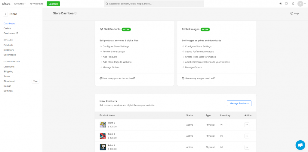 Pixpa store dashboard interface