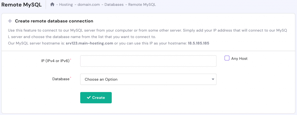 Remote MySQL section on hPanel
