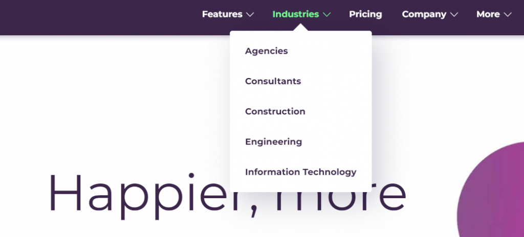 Resource Guru's industries menu