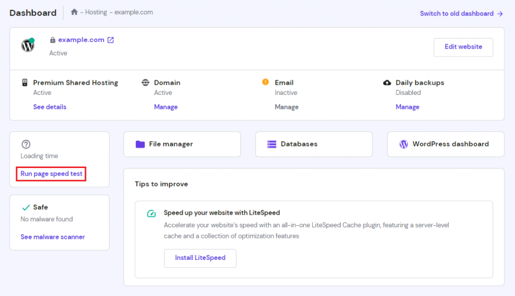 Run page speed test on hPanel