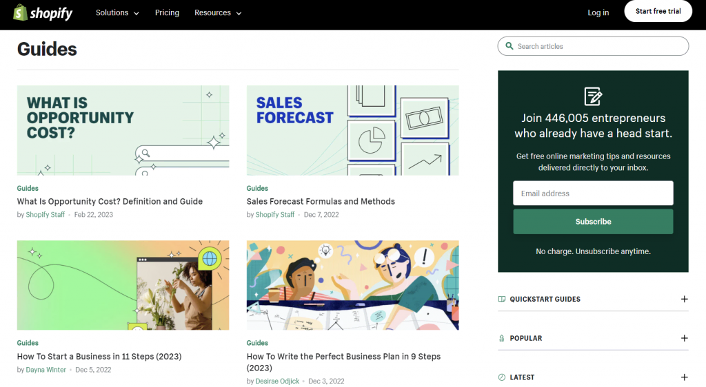 Shopify's Guides page