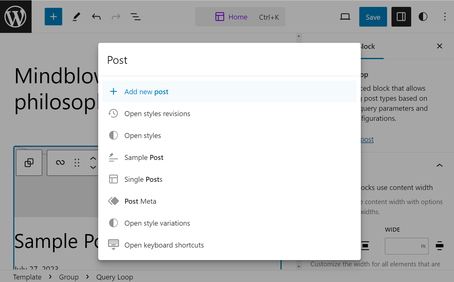 The Command Palette pop-up interface, showing the available commands including add new post, open styles revisions, and open styles