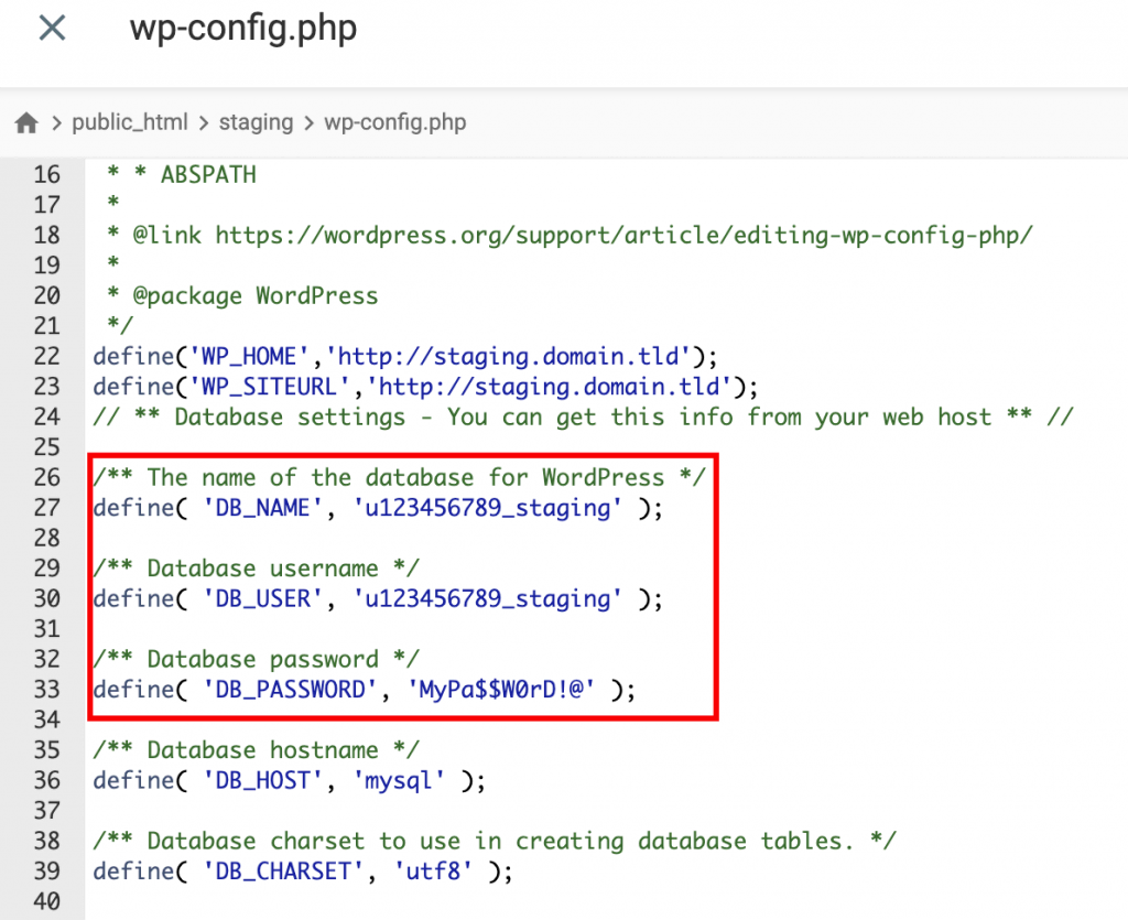 The database name, username, and password in the  wp-config.php file.