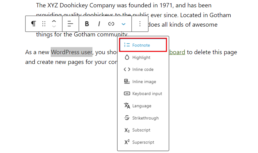 The footnote options on the block toolbar