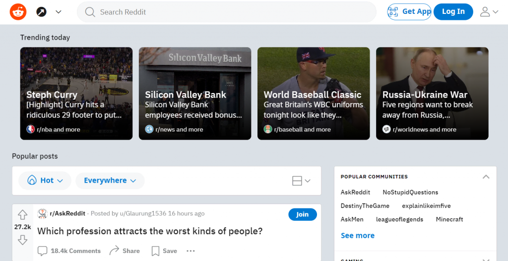 The homepage of Reddit