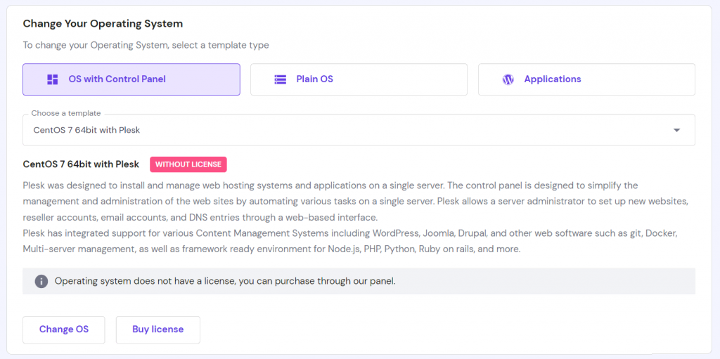 The menu for changing the VPS operating system in hPanel