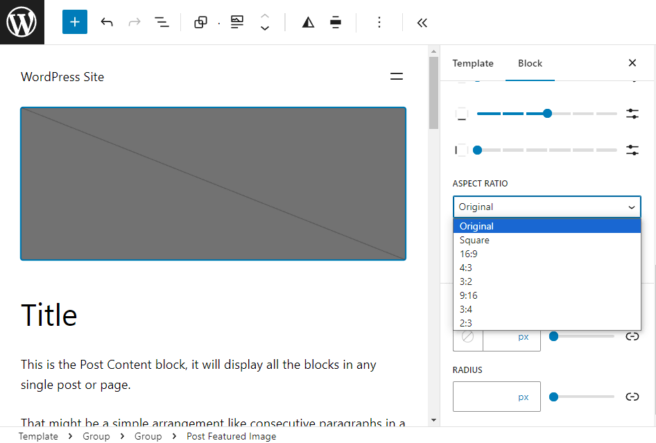 The Site Editor interface with a featured image block selected and the aspect ratio options on the block settings panel displayed