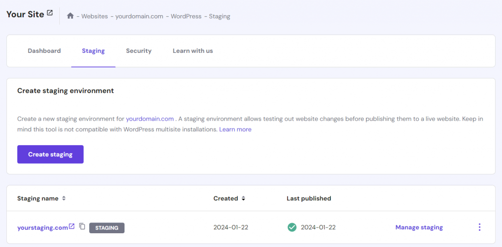 The WordPress Staging Tool in hPanel