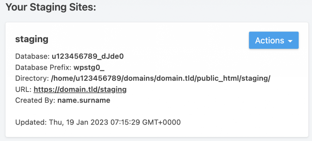 The Your Staging Sites section on the WP Staging plugin page