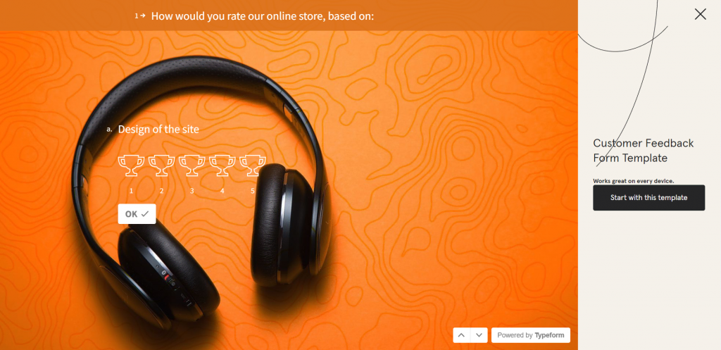 Typeform's customer feedback form template showing a question and ratings on the left side
