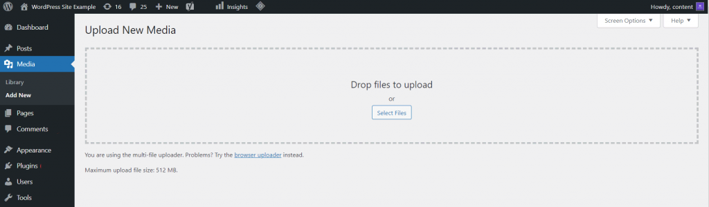 Upload New Media window on WordPress