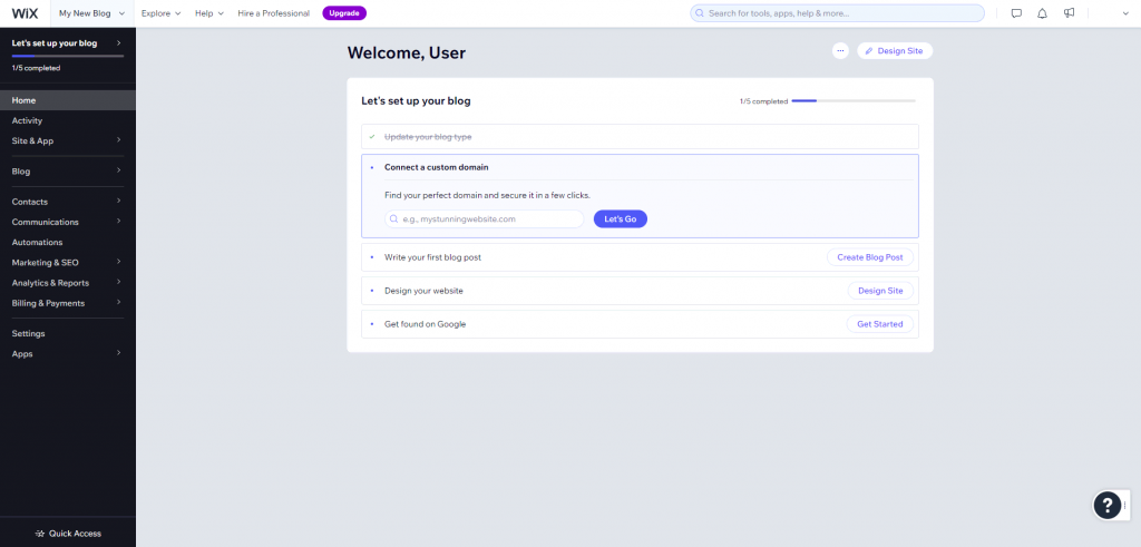 Wix dashboard showcasing all the website settings and a setup checklist
